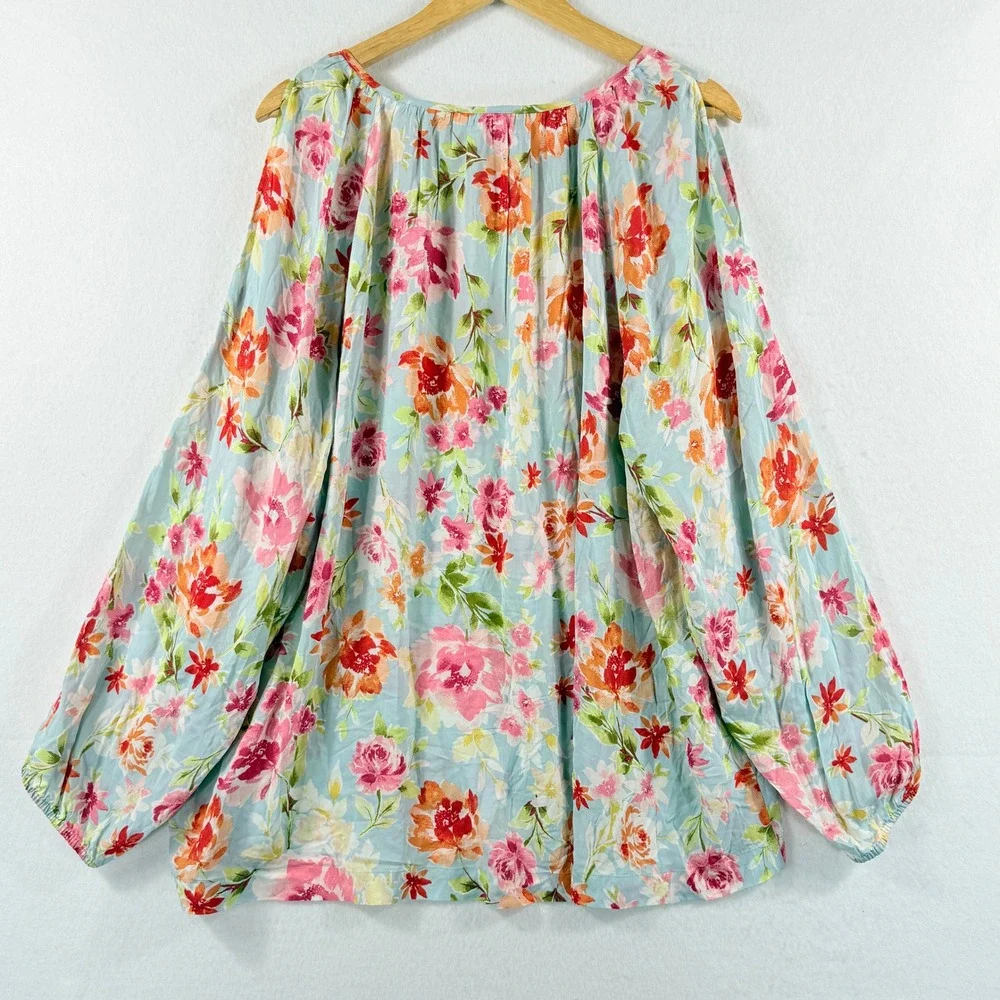 J. Jill Flowy Blouse Womens 3X Cold Shoulder Blue Floral Boho Cottagecore Top